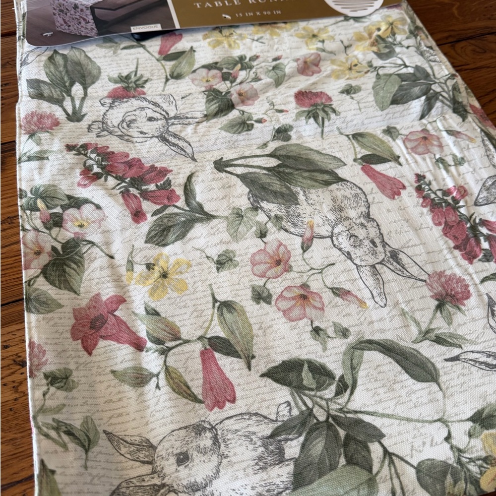 Floral Bunny Table Runner in Pink, Green & Yellow Envogue 15x90